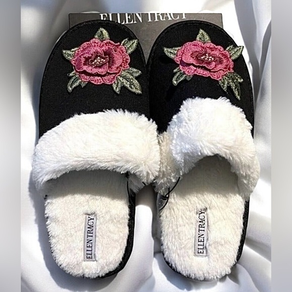 Size 7/8……Floral 3D Embroidered Soft & Warm Slippers. New…..Ellen Tracy - Picture 3 of 8